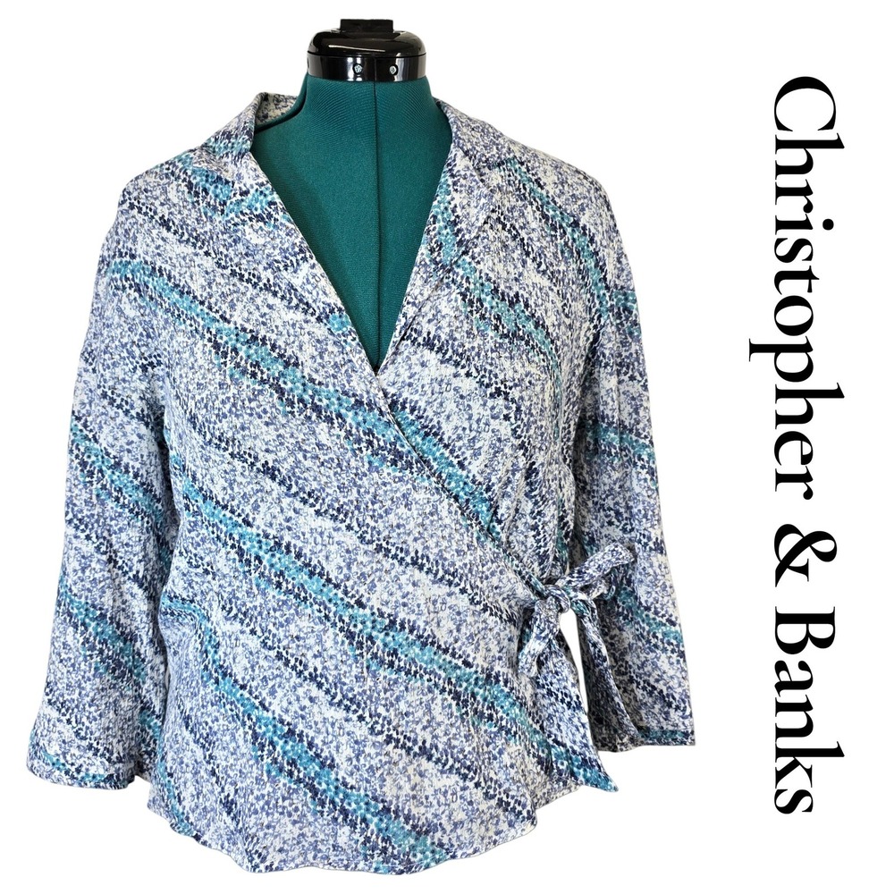 Christopher & Banks Wrap Top Womens M Blue Cotton 3/4 Sleeve Boho Classic